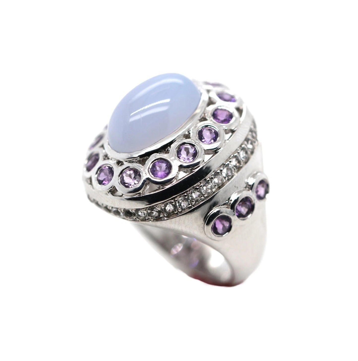 Amethyst- Blue Chalcedony - White Topaz Ring