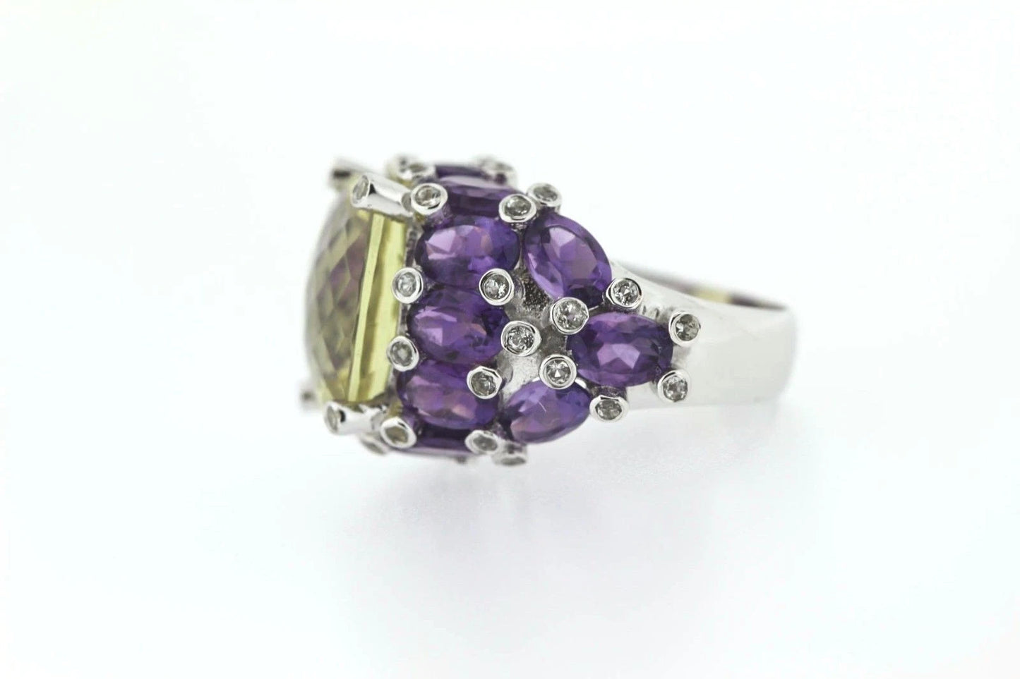 925 SS Lemon Quartz - Amethyst - White Topaz Ring - 15DOT70 cts