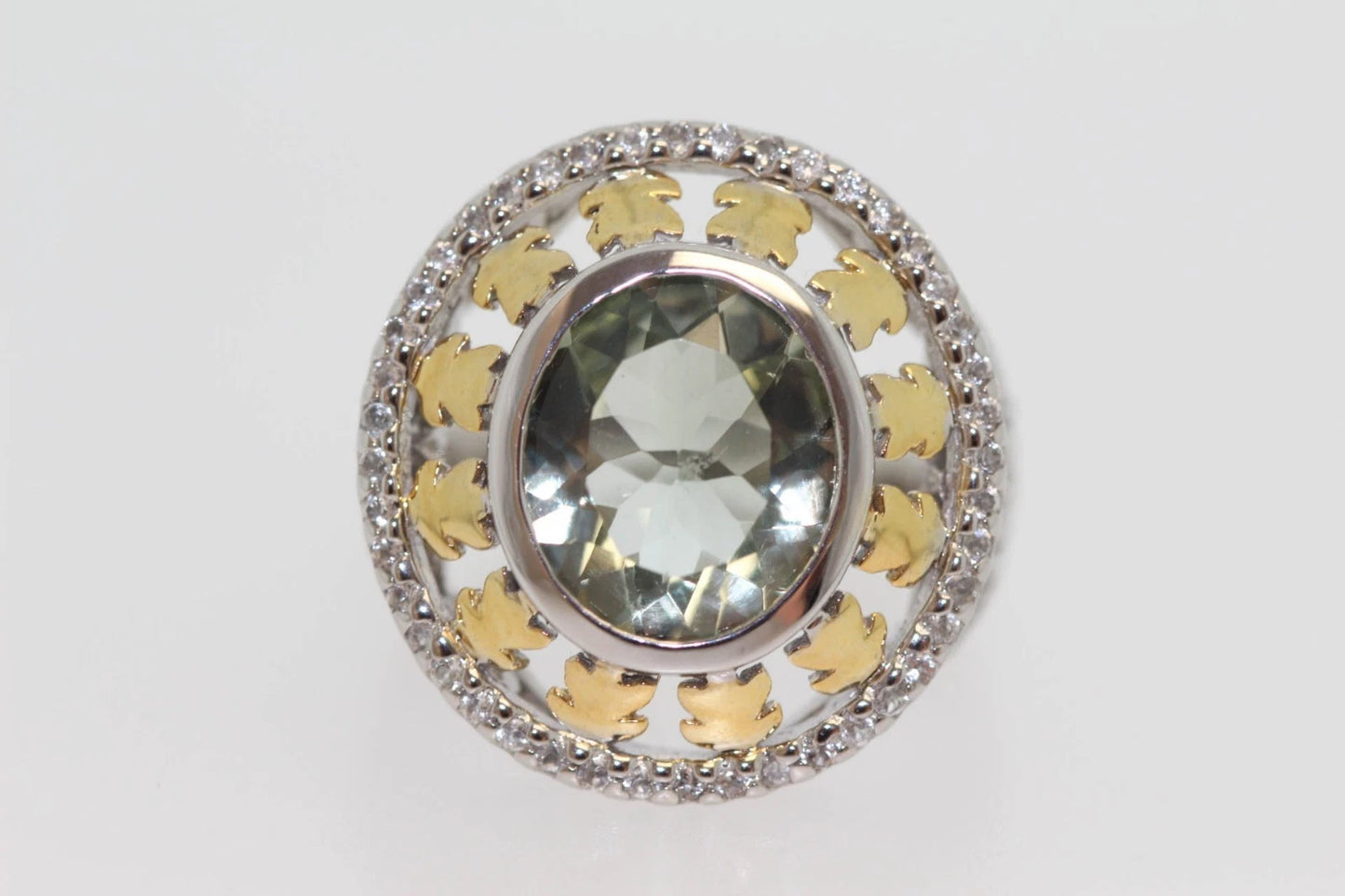 .925 Sterling Silver / Green Amethyst ( Prasiolite ) White Zircon Ring .
