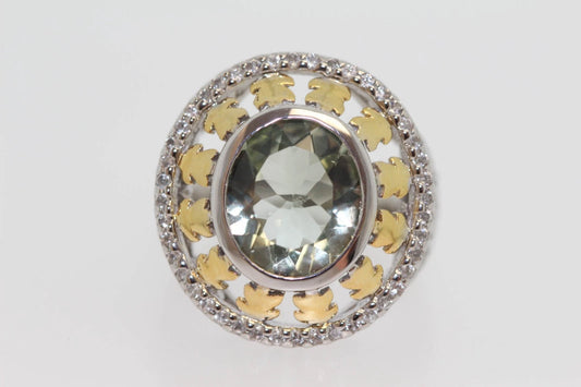 .925 Sterling Silver / Green Amethyst ( Prasiolite ) White Zircon Ring .