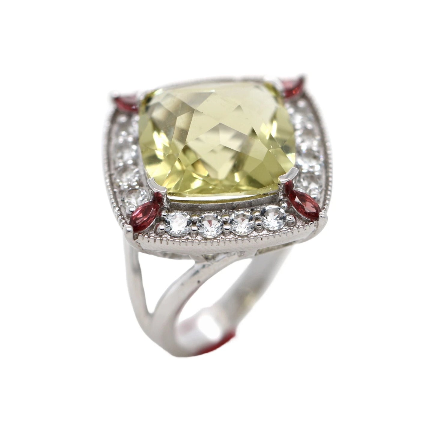 925 Lemon Quartz - Garnet - White Topaz Ring - 10DOT50 cts