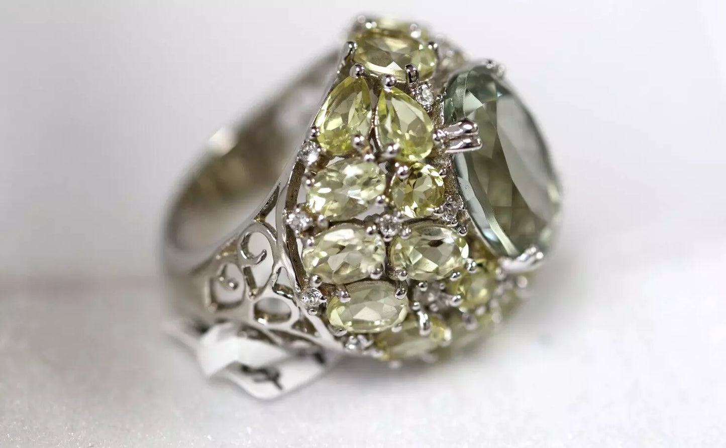 Green Amethyst - Lemon Quartz - White Topaz Ring