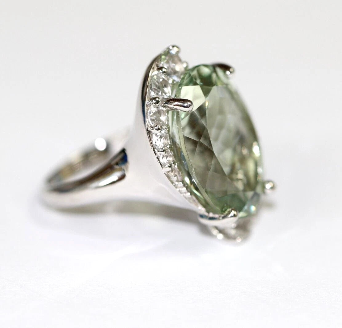 Green Amethyst - White Topaz 925 SS Rhodium Ring