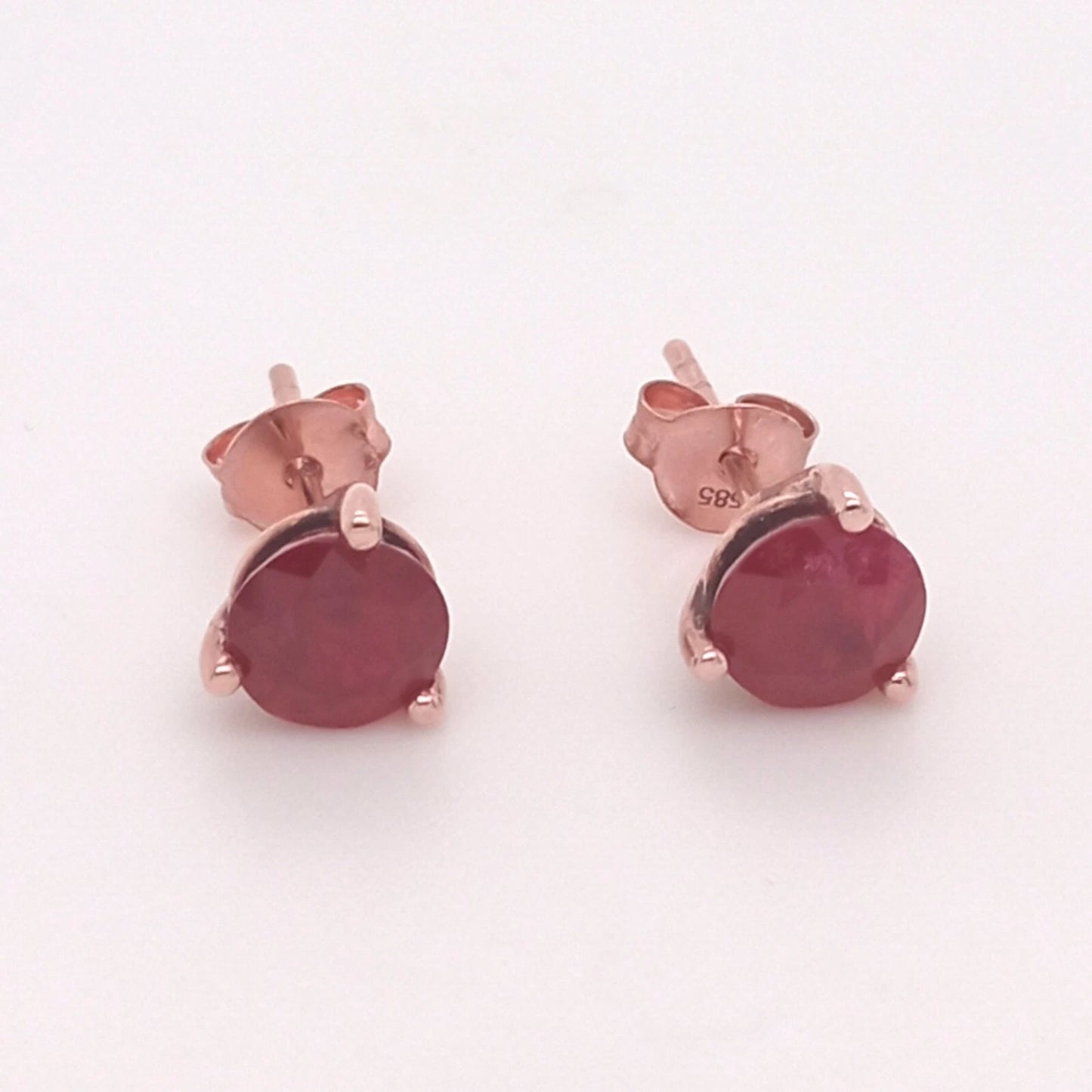 14K ROSE GOLD RUBY ROUND STUD EARRING HEAVY PUSH BACK 6MM, 2DOT06 CTS