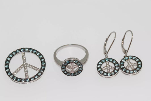 925 Sterling Silver Blue Topaz-White Topaz Ring-Earring-Pendant Set-3DOT22 cts