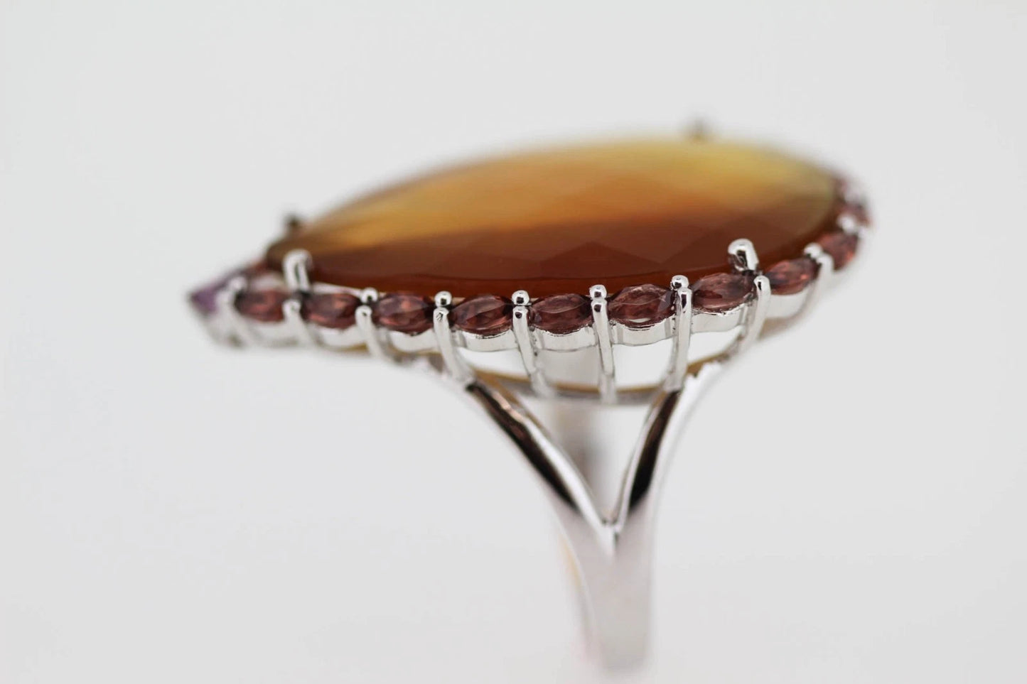 925 Orange-Pink-Aqua Chalcedony w- Garnet & Rhodolite Ring-19DOT50 cts