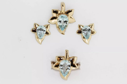 14 Kt Yellow Gold Aquamarine Earring - Ring - Pendant Set-8DOT50 cts