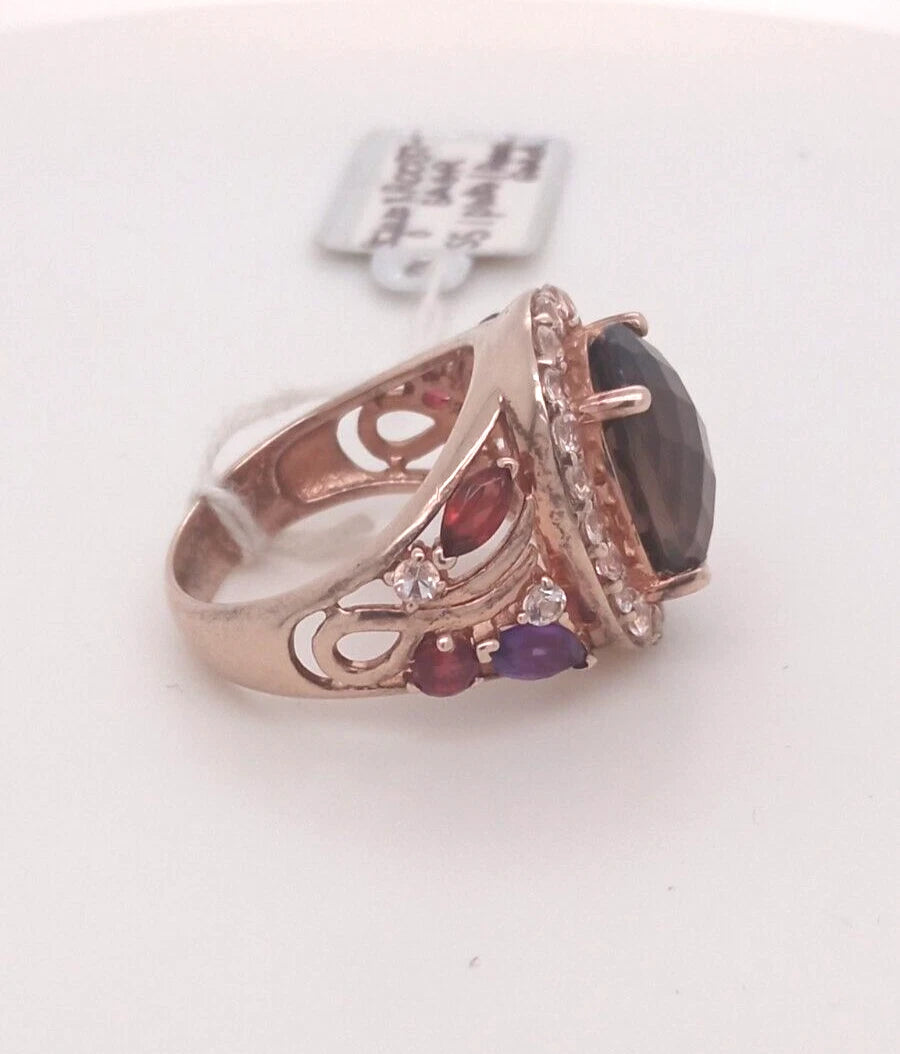 Smoky Quartz- Amethyst- Garnet Ring