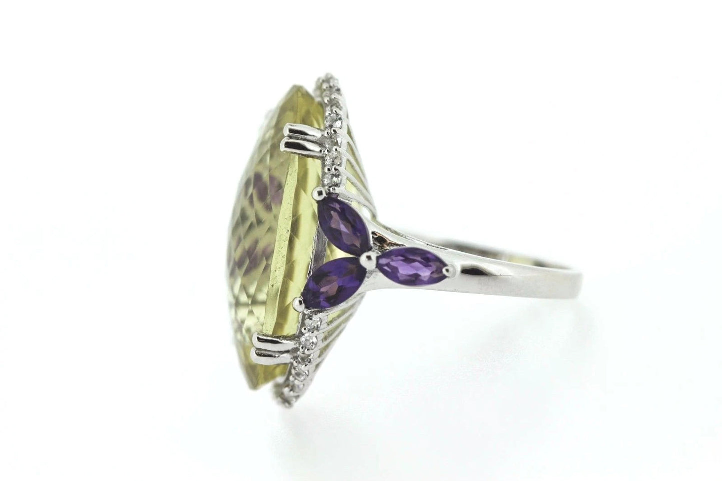 925 SS Lemon Quartz - Amethyst - White Topaz Ring - 21DOT50 cts