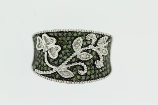 .925 Sterling Silver / Green And White Diamond Ring