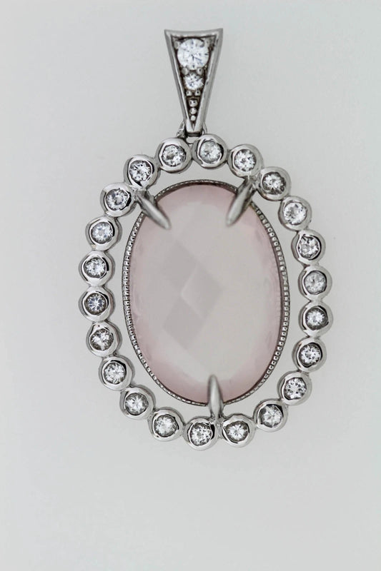 925 Sterling Silver Rose Quartz W / White Topaz Pendant( 14.95 cts)