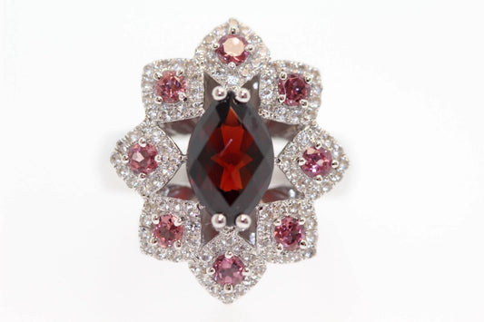 .925 Sterling Silver / Red Imperial Garnet / Rhodolite / White Topaz Ring .(4.13)