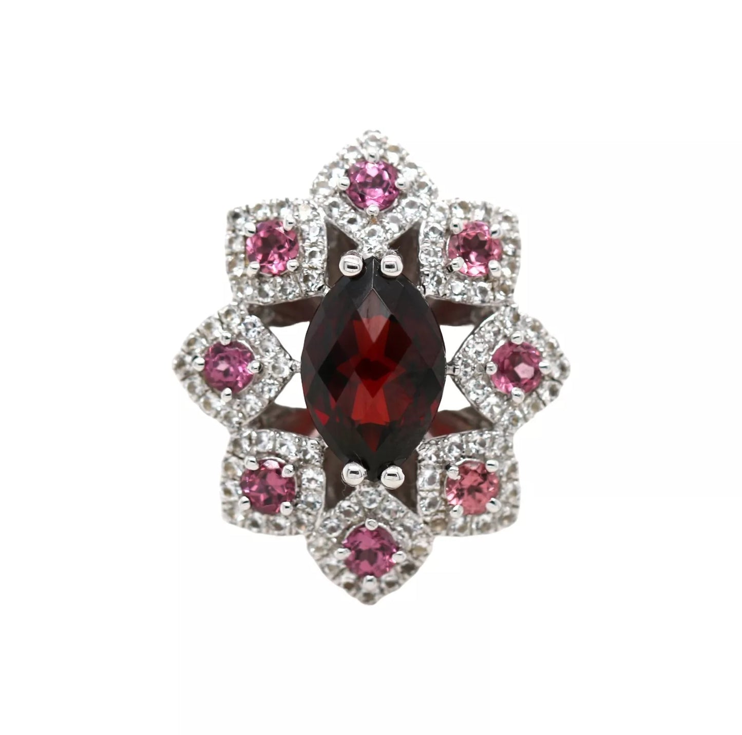 .925 Sterling Silver / Red Imperial Garnet / Rhodolite / White Topaz Ring .(4.13)