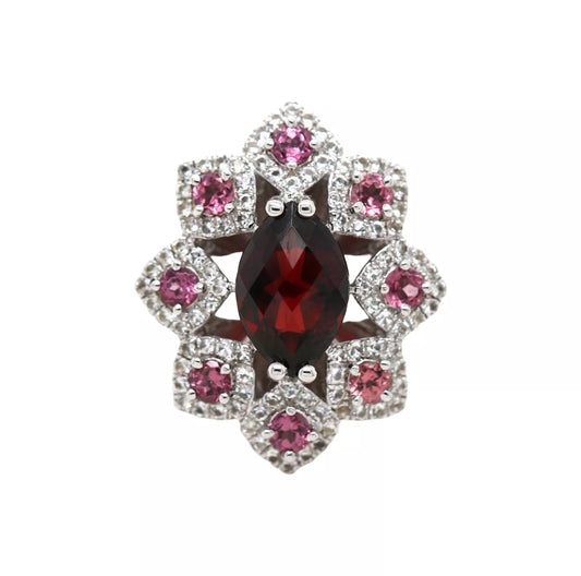 .925 Sterling Silver / Red Imperial Garnet / Rhodolite / White Topaz Ring .(4.13)