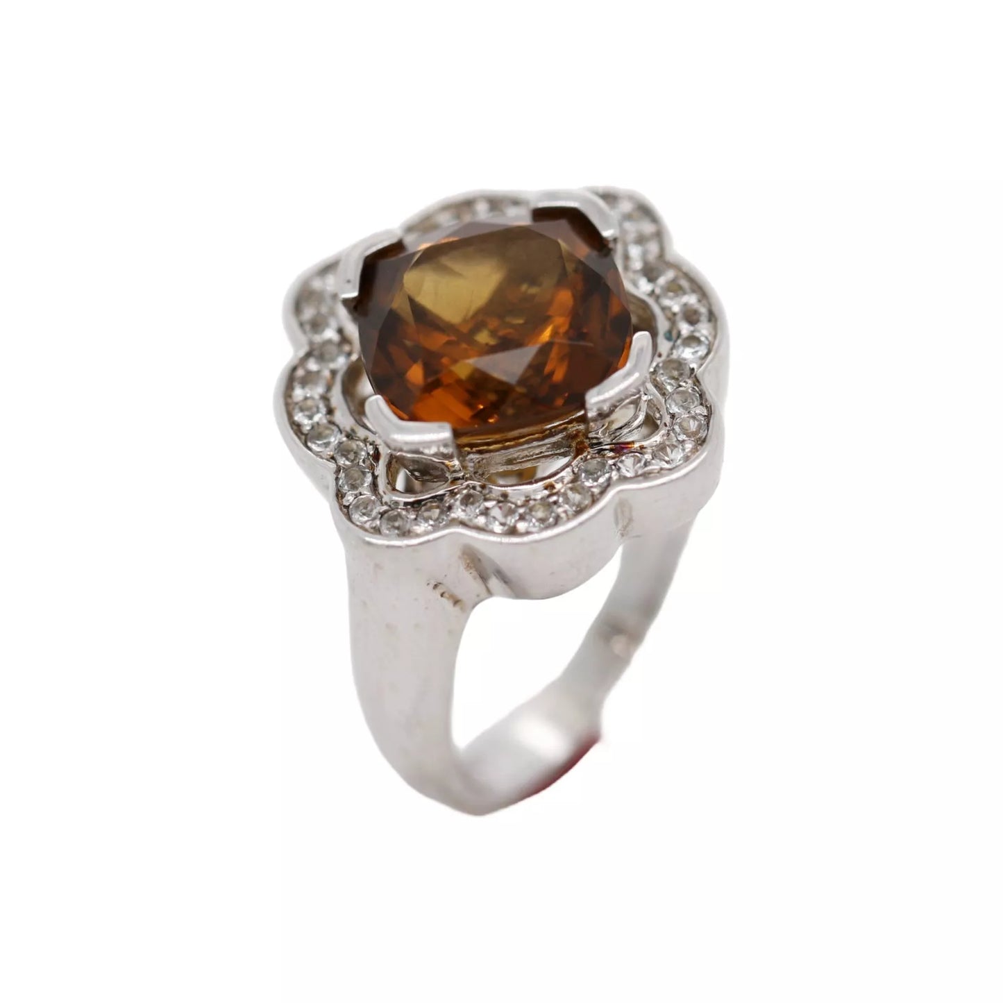 925 Sterling Silver Cognac Quartz / White Topaz Ring( 4.22 cts)