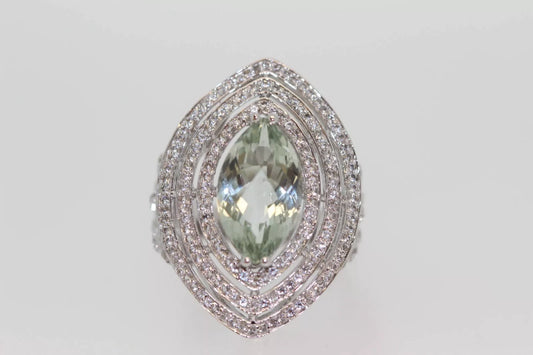 .925 Sterling Silver / Green Amethyst / White Topaz Ring .