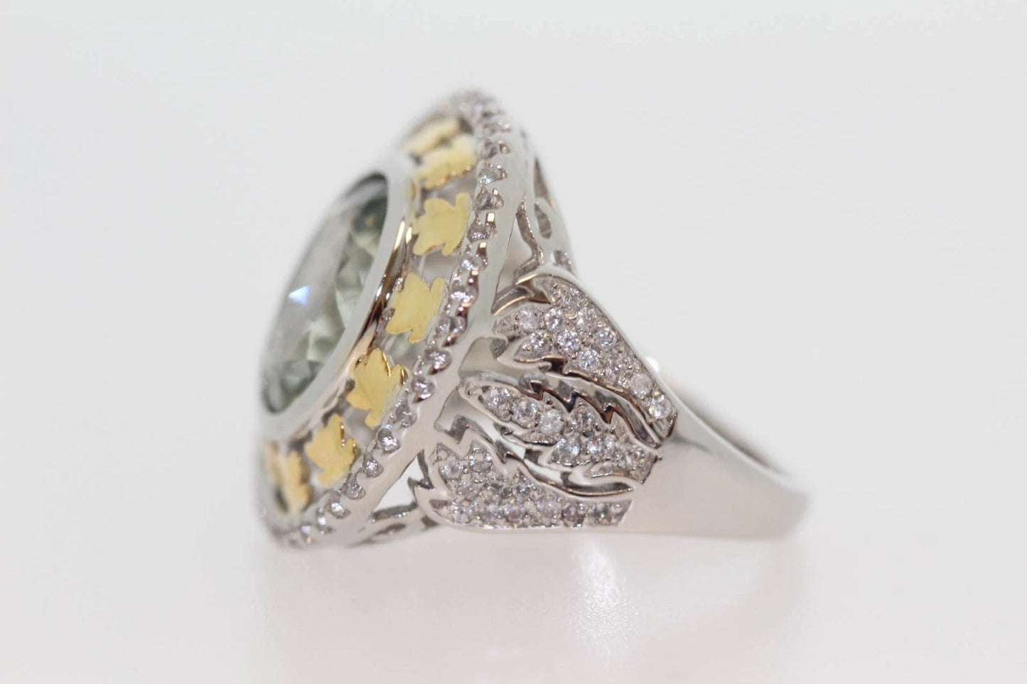 .925 Sterling Silver / Green Amethyst ( Prasiolite ) White Zircon Ring .