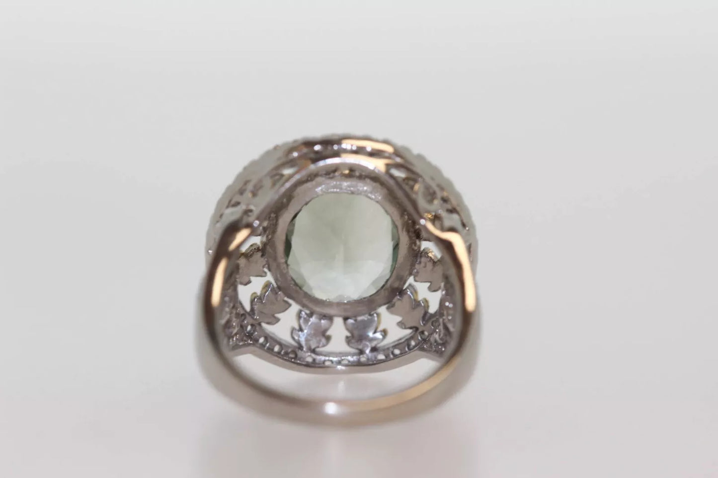 .925 Sterling Silver / Green Amethyst ( Prasiolite ) White Zircon Ring .