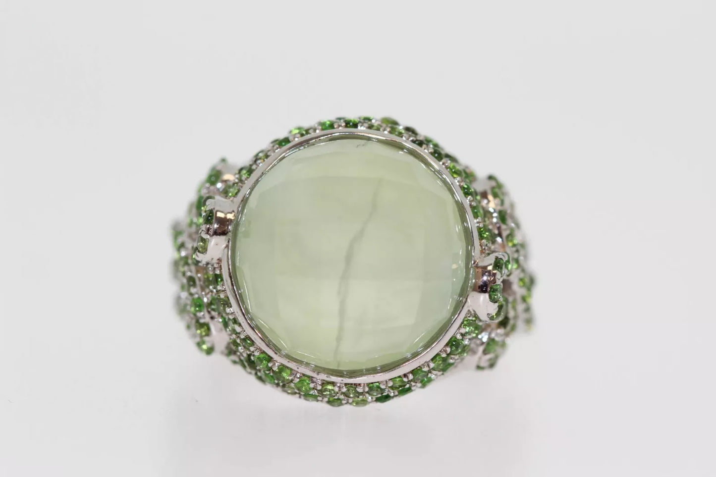 .925 Sterling Silver / Prehnite / Chrome Diopside Ring .