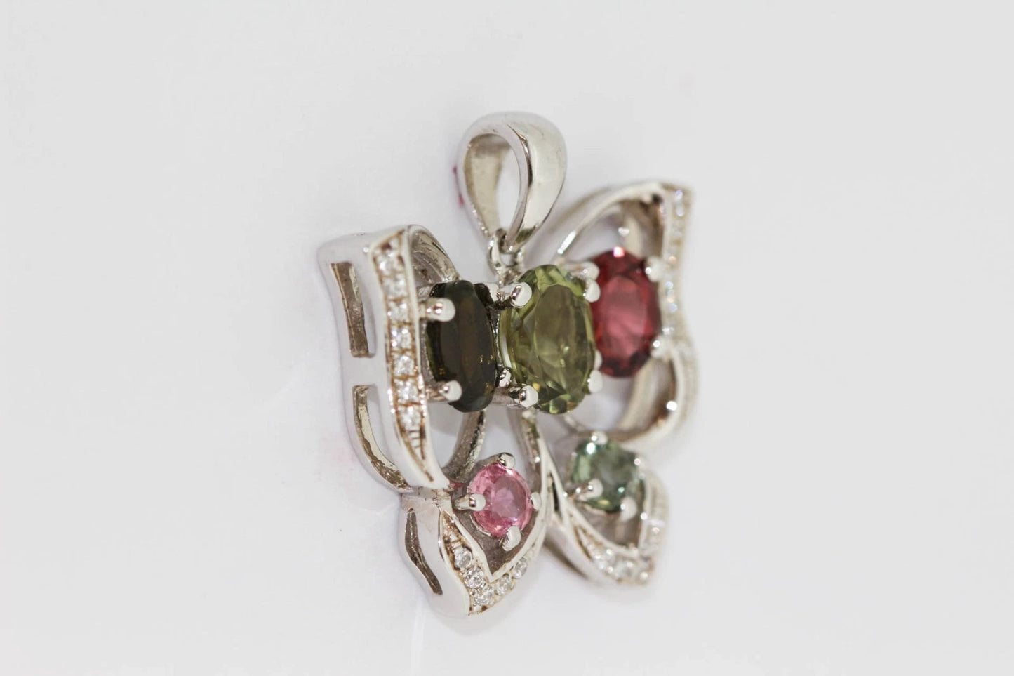 925 Sterling Silver Colors of Tourmaline Butterfly/White Topaz Pendant(2.21 cts)