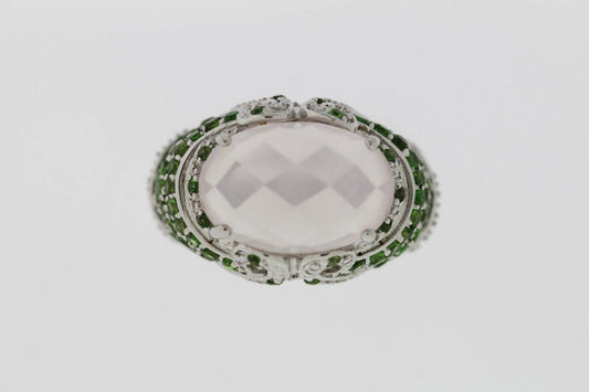 .925 Sterling Silver / Rose Quartz / Chrome Diopside Ring .