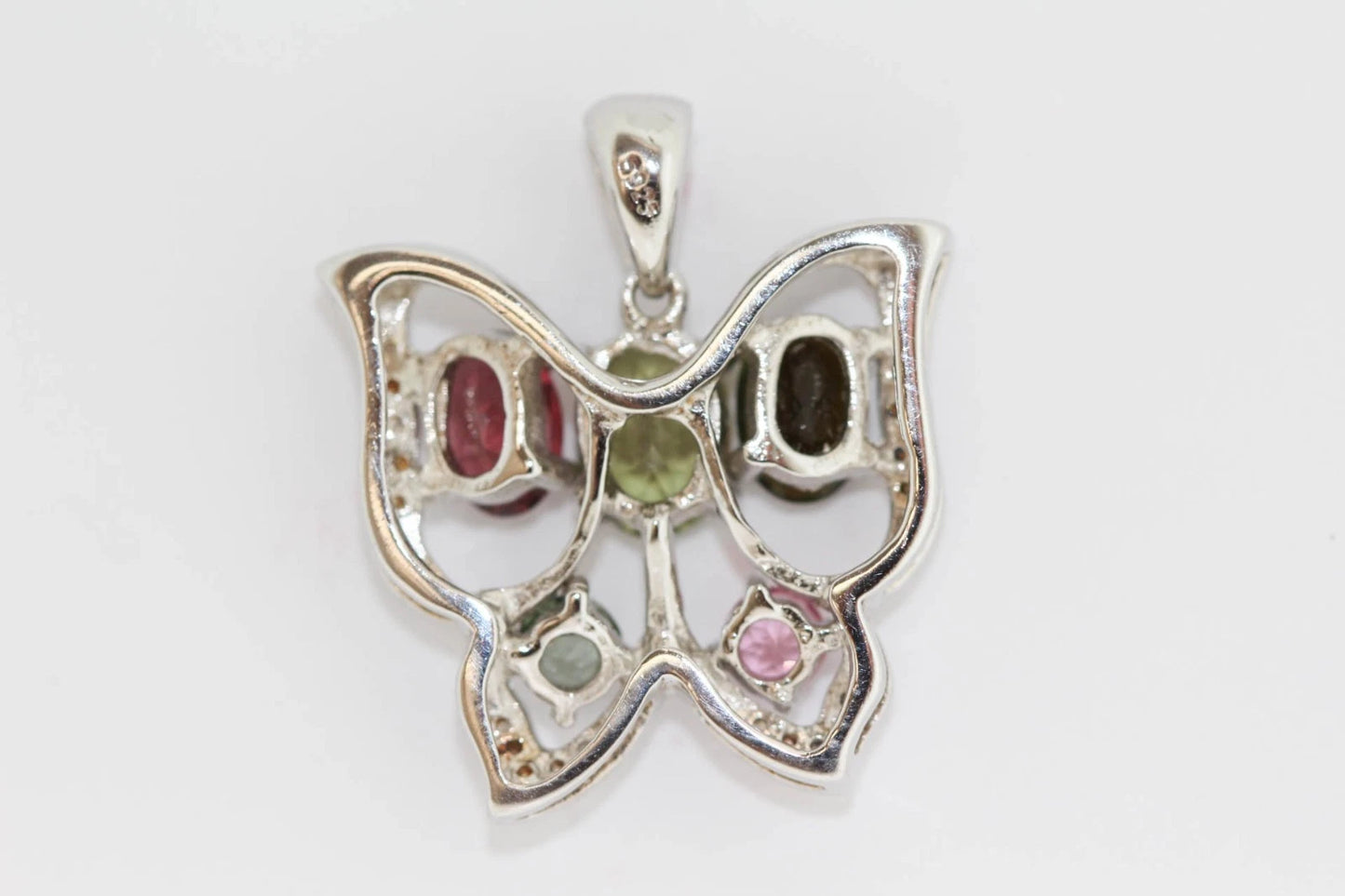 925 Sterling Silver Colors of Tourmaline Butterfly/White Topaz Pendant(2.21 cts)