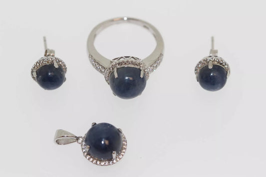 925 Sterling Silver Blue Corundum-White Topaz Ring-Pendant-Earring Set-22DOT84 cts