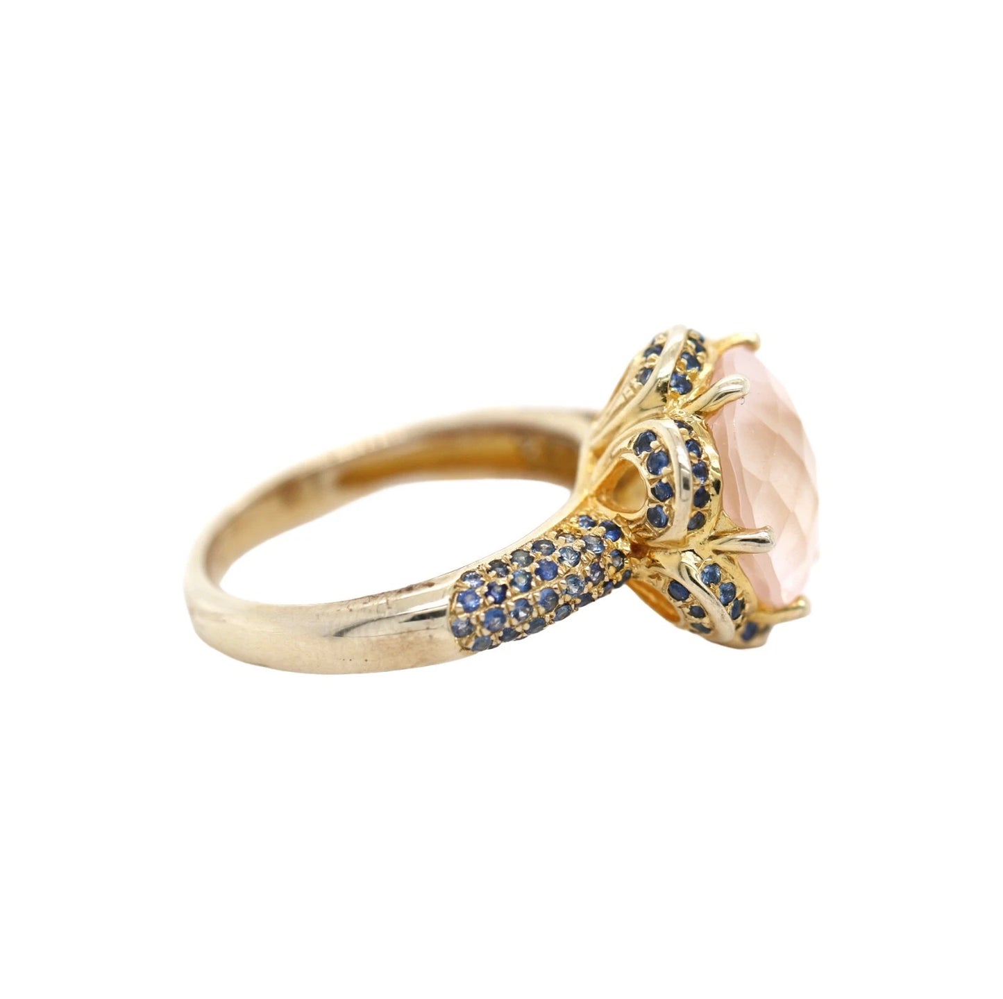 Rose Quartz- Blue Sapphire Ring Plated in Yellow Gold