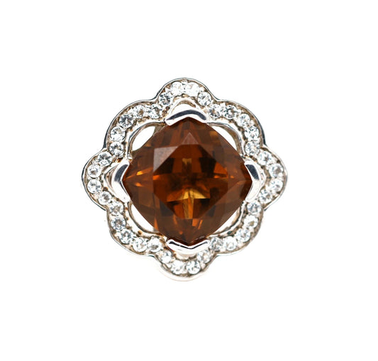 925 Sterling Silver Cognac Quartz / White Topaz Ring( 4.22 cts)