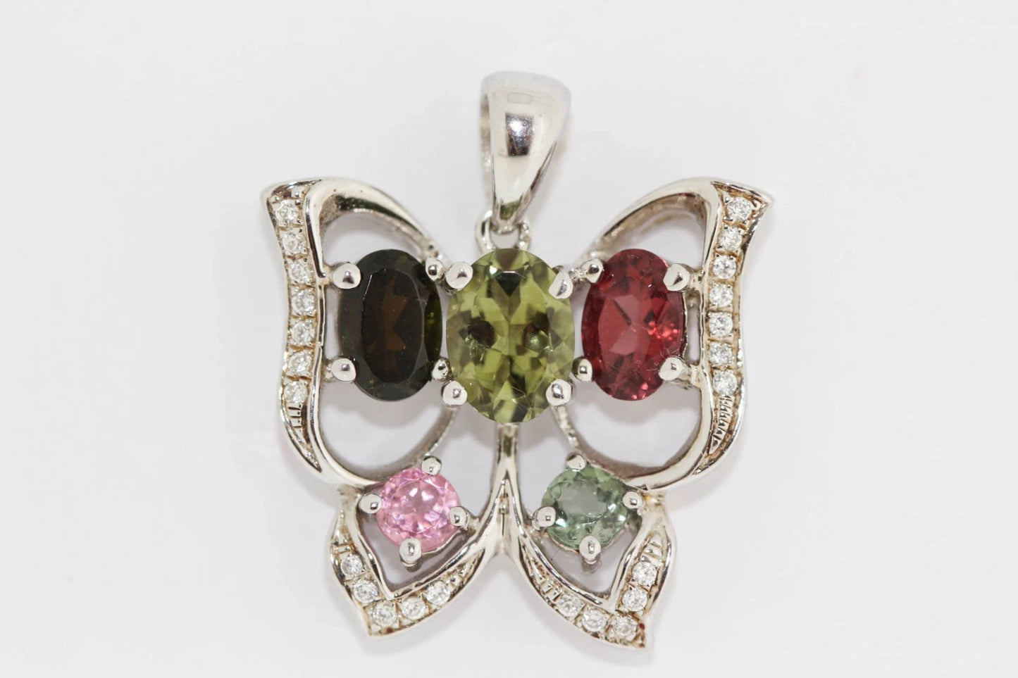 925 Sterling Silver Colors of Tourmaline Butterfly/White Topaz Pendant(2.21 cts)