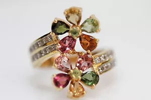Ring-DOT925 Yellow Vermiel - Multicolor Tourmaline - White Topaz Flower Ring DOT