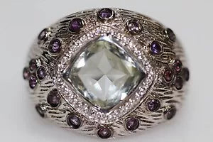 Ring-DOT925 Sterling Silver - Green Amethyst - Purple Amethyst - White Topaz Ring DOT