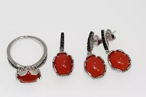 Earring-925 SS Orange Chalcedony-Black Spinel Ring,Pendant,Earring Set-11DOT56 cts