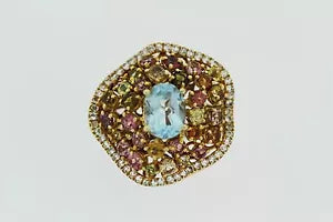Ring-DOT925 Yellow Vermeil - Blue Topaz - White Topaz - Multicolor Tormaline Ring DOT