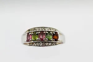 Ring-DOT925 Sterling Silver - Multicolor Tourmaline Ring - White Topaz DOT