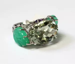 Ring-Green Amethyst - Chalcedony- Amethyst Silver Ring